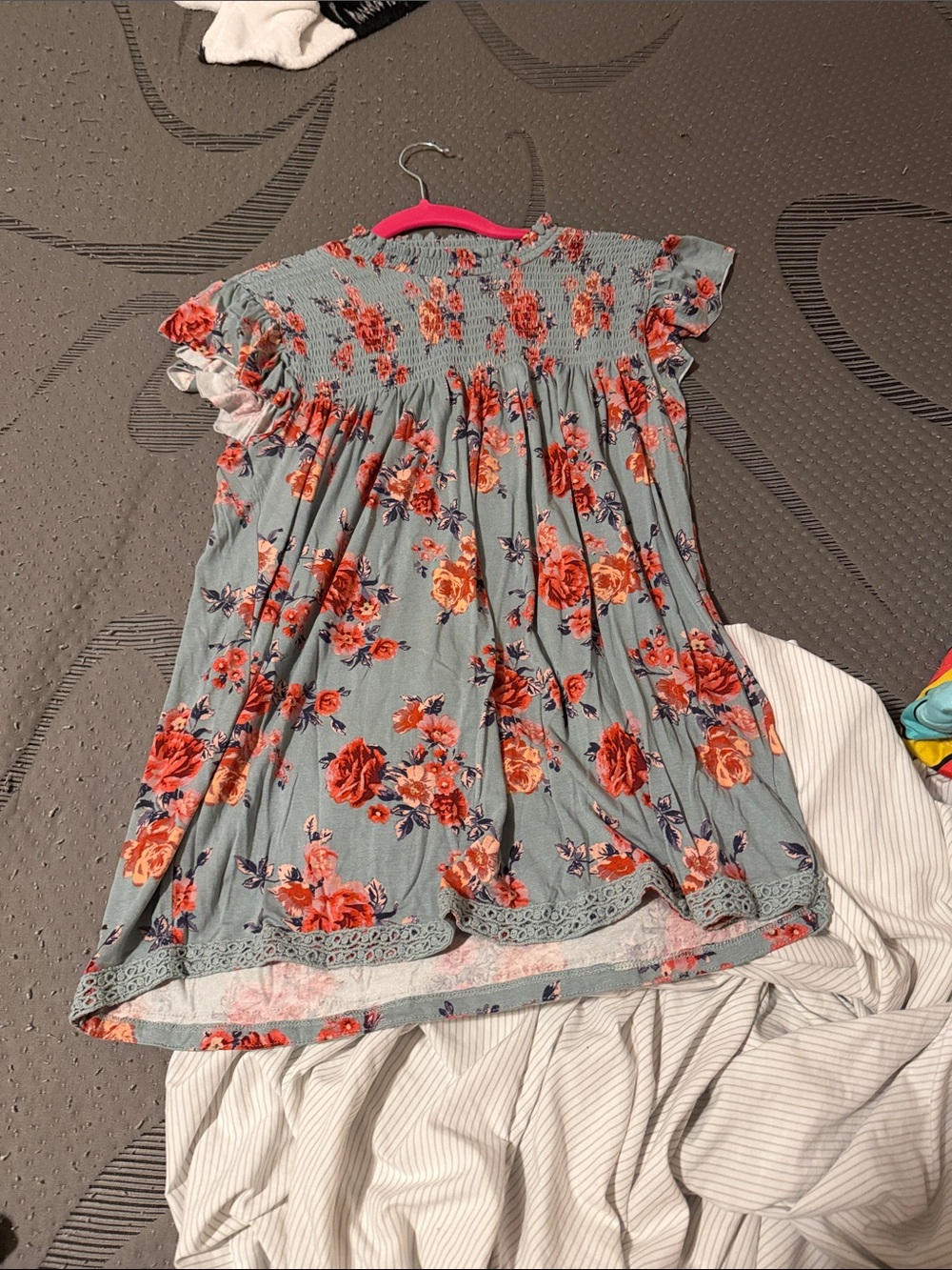 Rewind Blue Floral Smocked Dress with Coral Roses
